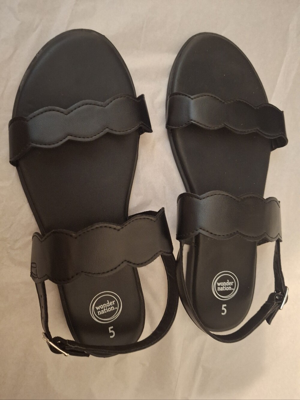Black Scalloped Strap Flat Sandals